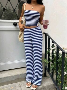 Optris 2pcs/Set Striped Jacquard Fabric Cropped Tube Top & High Waist Wide Leg